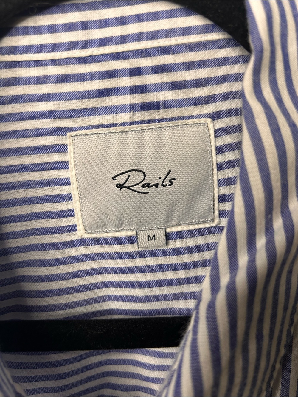 RAILS FRANCES BLUE AND WHITE STRIPED SHIRT WITH RED FLORAL APPLIQUÉ SZ MEDIUM - Picture 3 of 8